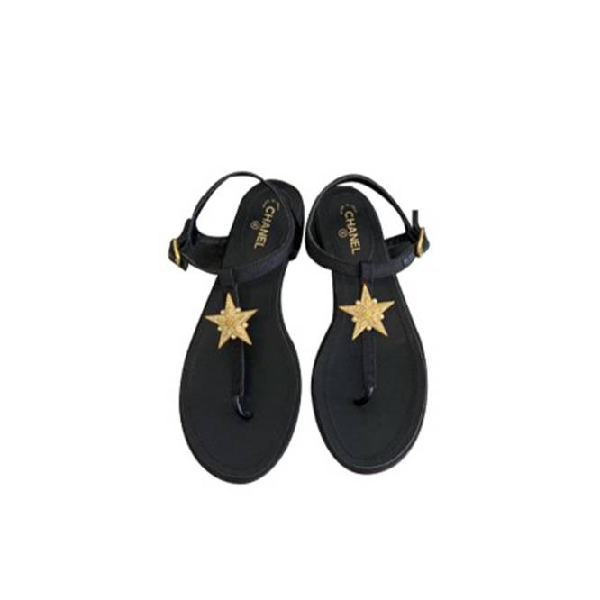 CHANEL LEATHER WOMEN’S SANDALS BLACK GOLD STARLIKE HARDWARE